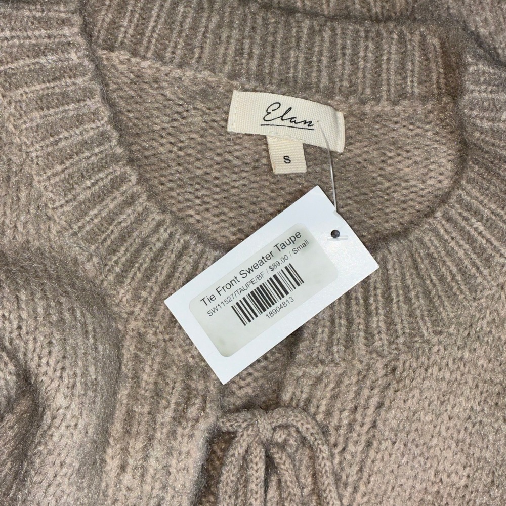 Elan Taupe Tie Front Sweater Cardigan Women's S Chunky Knit Balloon Sleeve - Picture 3 of 6